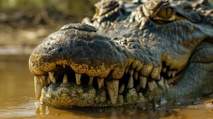 A massive crocodile glides silently across the water's surface, its eyes just above the waterline, poised and watchful. Its powerful body cuts through the calm water with quiet precision.