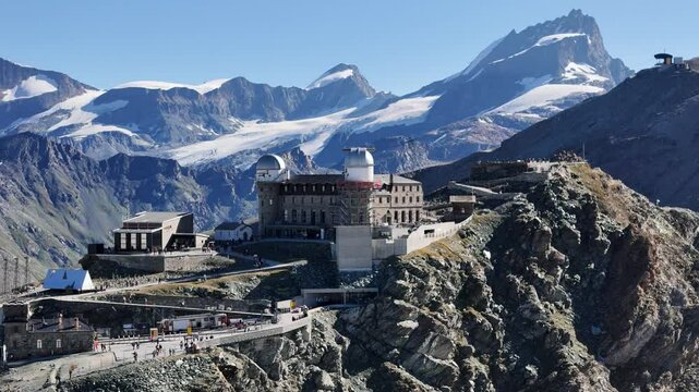 Drone shot of Gornergrat Observatory in Pennine Alps, Switzerland