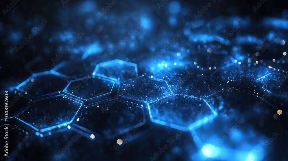Poster abstract glowing hexagonal grid in electric blue, fading into a deep black background for a sci-fi f