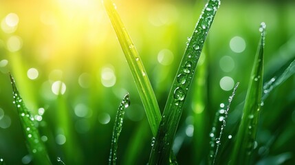 Close-up of dewdrops on fresh blades of grass in the early morning light