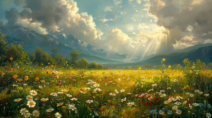 Alpine Meadow: Oil Painting of Wildflowers - oil painting -  frame tv art