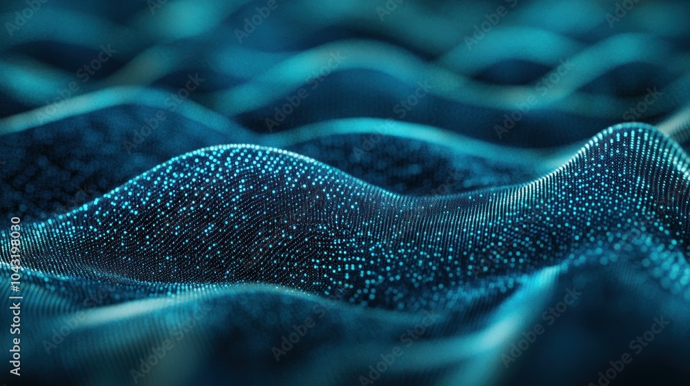 Poster digital wave of tiny pixelated squares in shades of blue and teal, simulating data flow