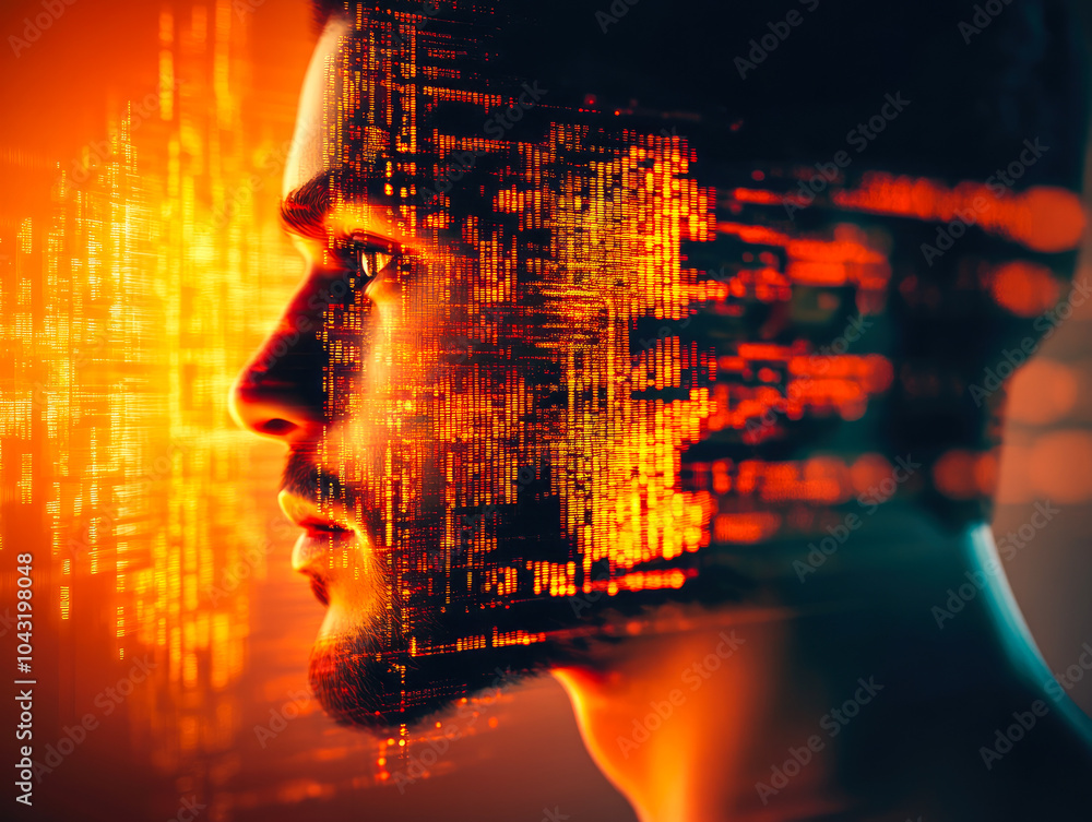 Poster a human profile blending seamlessly with a complex digital and abstract grid pattern, illuminating t