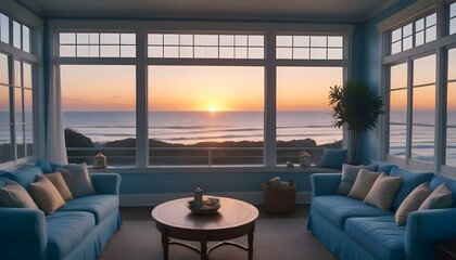 Fototapeta premium Blue coastal living room with sunset over ocean