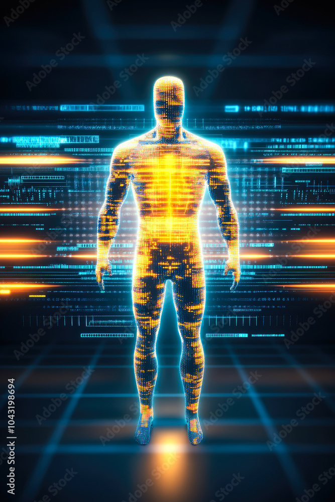 Poster A digital humanoid with glowing lines and dynamic background encapsulating energy and technology in unity and motion.