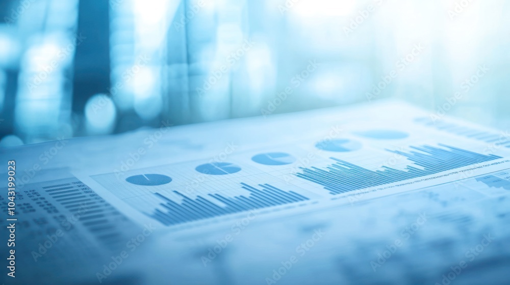 Poster abstract financial theme with soft focus stock charts and graphs overlaying a clean blue background
