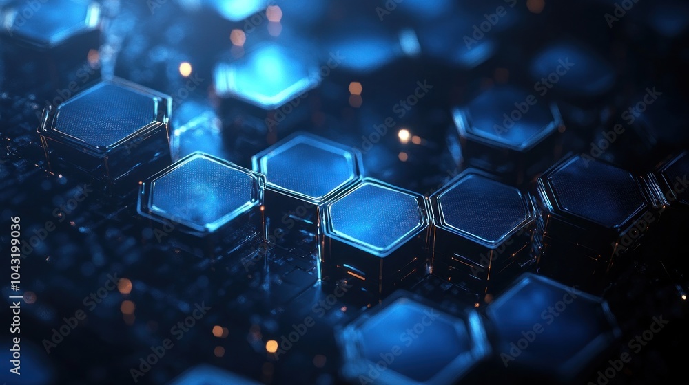 Poster abstract glowing hexagonal grid in electric blue, fading into a deep black background for a sci-fi f