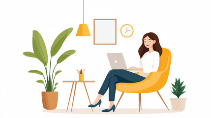 A woman works on a laptop in a cozy home office, surrounded by plants and modern decor, conveying a sense of comfort and productivity.