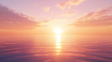 Fototapeta premium A vibrant sunset over a calm ocean with clouds reflecting in the water.