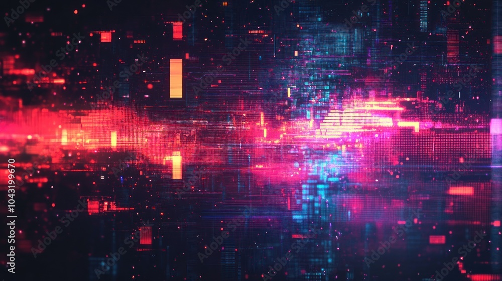 Poster glitchy digital wave patterns with colorful pixelation and screen tearing effects in a cyberpunk col