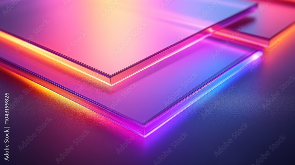 Poster layered translucent holographic panels with glowing edges and soft reflections on a dark gradient su