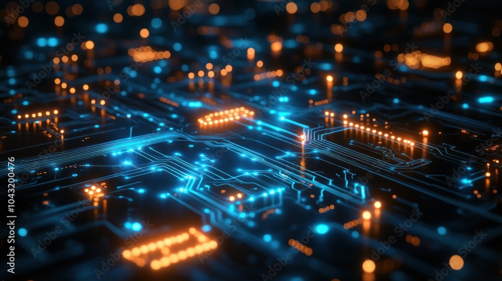 Poster abstract digital circuit patterns glowing in blue and green, floating over a sleek black background 