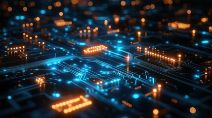 Abstract digital circuit patterns glowing in blue and green, floating over a sleek black background for a high-tech sci-fi look