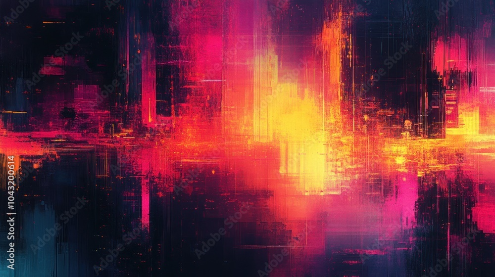 Poster broken pixel pattern with bright rgb color shifts and fragmented visuals, creating a chaotic glitch 
