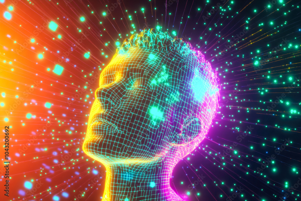 Poster a digital wireframe head with neon lights and floating particles symbolizing imagination and technol