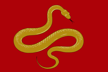 A golden snake slithers on a red background, embodying the zodiac snake’s grace, power, and adaptability, symbolizing wisdom and change.