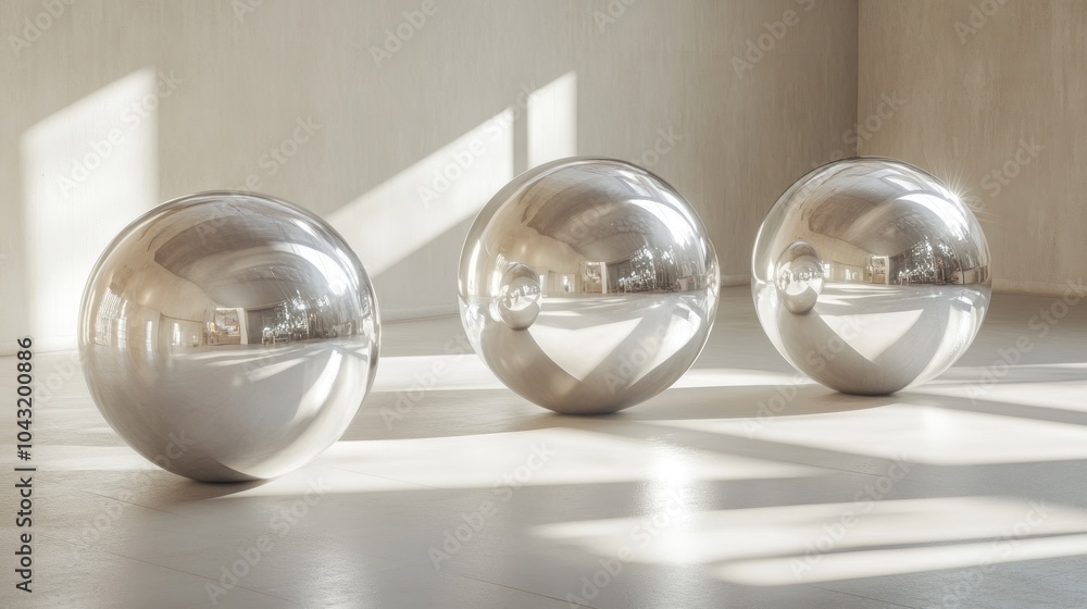 Poster floating metallic spheres of various sizes casting soft shadows on a smooth, light grey surface