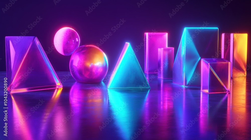 Canvas Prints floating 3d geometric shapes in neon colors against a dark, glossy surface with reflections and shad