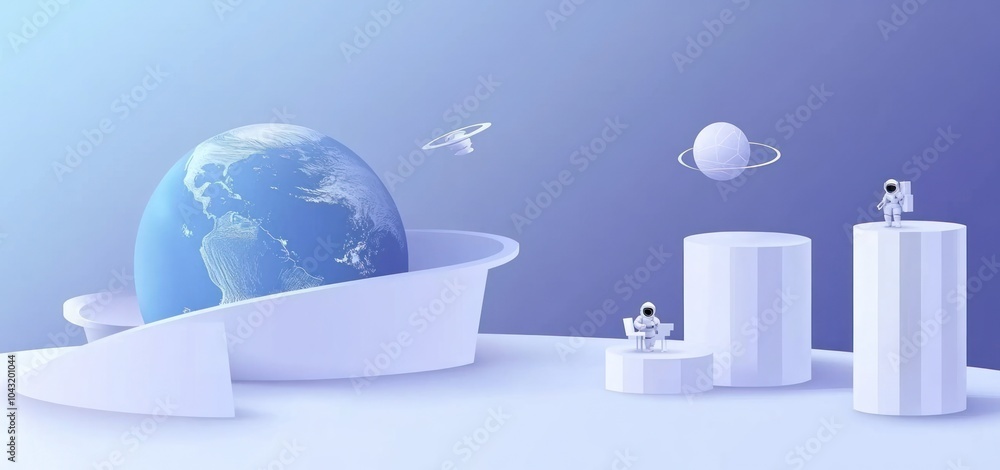 Poster a futuristic scene featuring earth and astronauts exploring space concepts.
