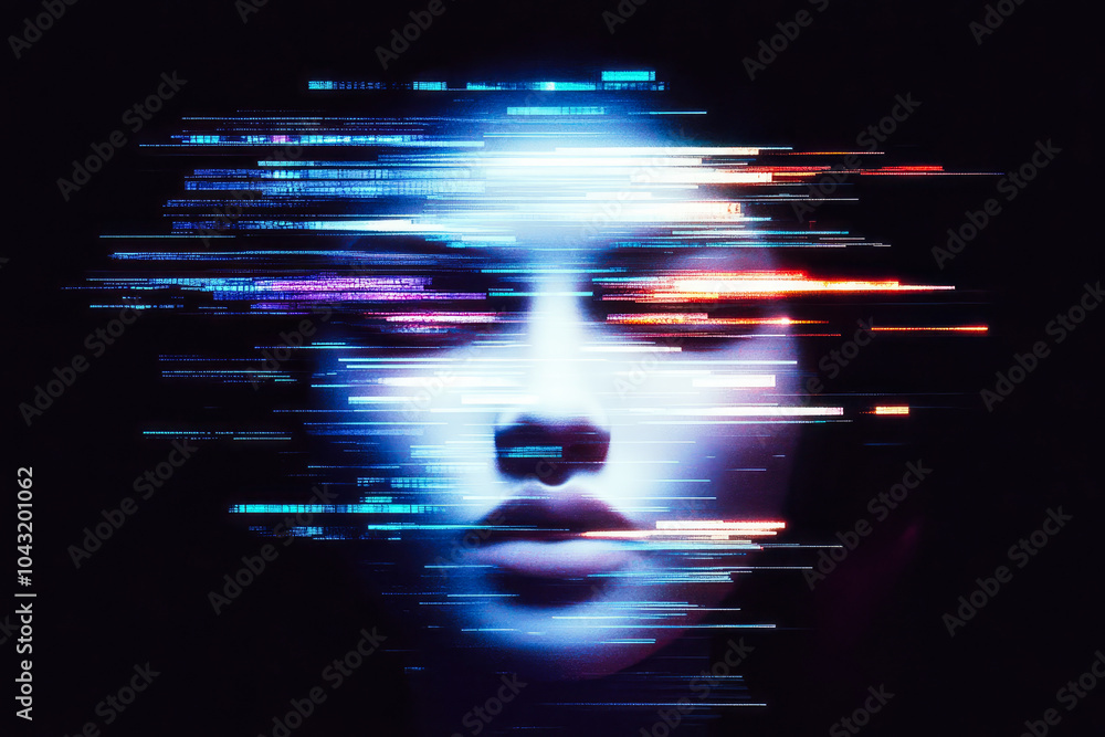 Poster a digital face with glitch effects and horizontal neon lines representing digital distortion and fut