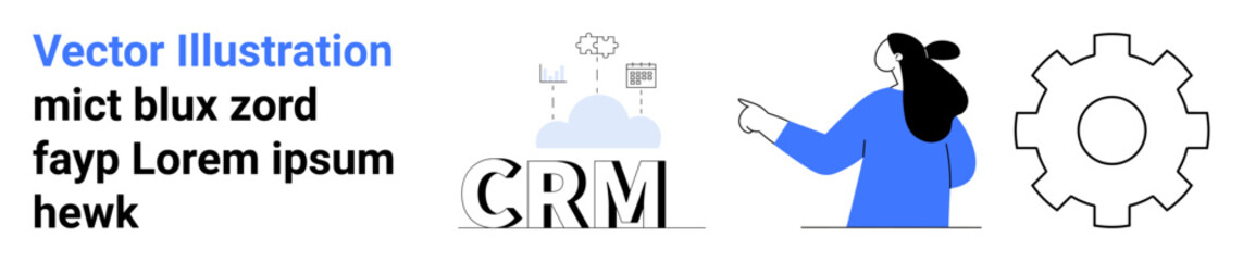 CRM system representation showing a cloud with data storage and processing, a businesswoman pointing, and a gear icon. Ideal for business management tools, cloud services, data analytics, customer