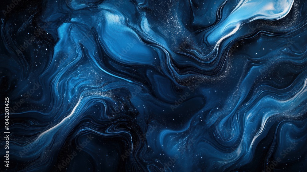 Poster rich black background with abstract dark blue swirling patterns and a faint glowing effect