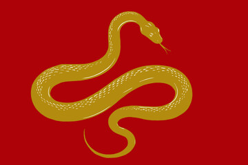 A golden snake slithers on a red background, embodying the zodiac snake’s grace, power, and adaptability, symbolizing wisdom and change.