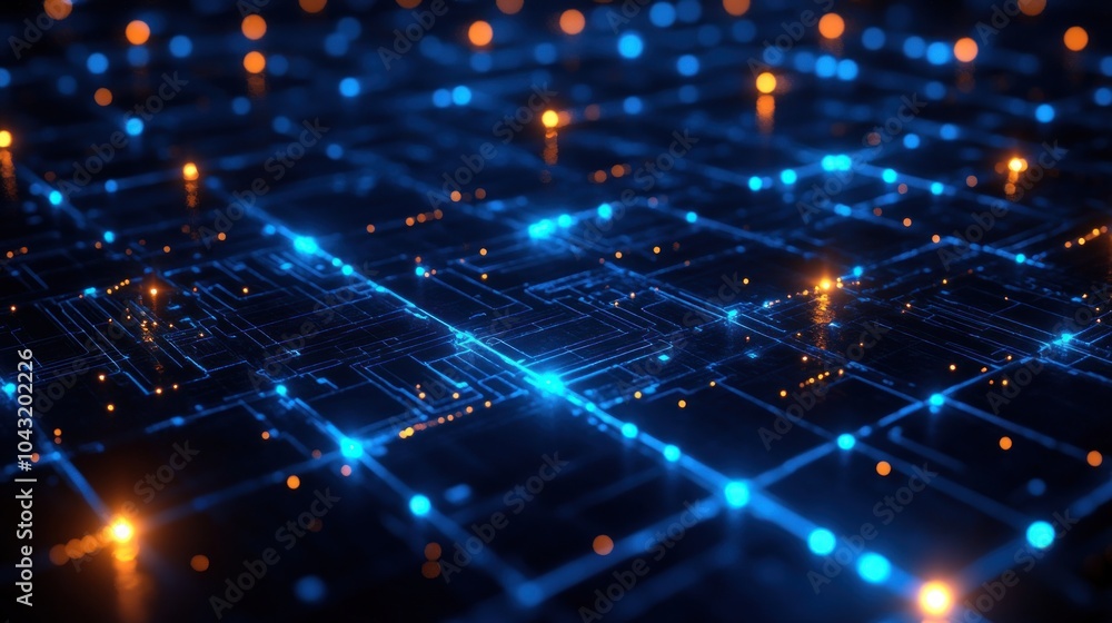 Poster dark futuristic grid pattern with glowing blue lines and subtle circuit details