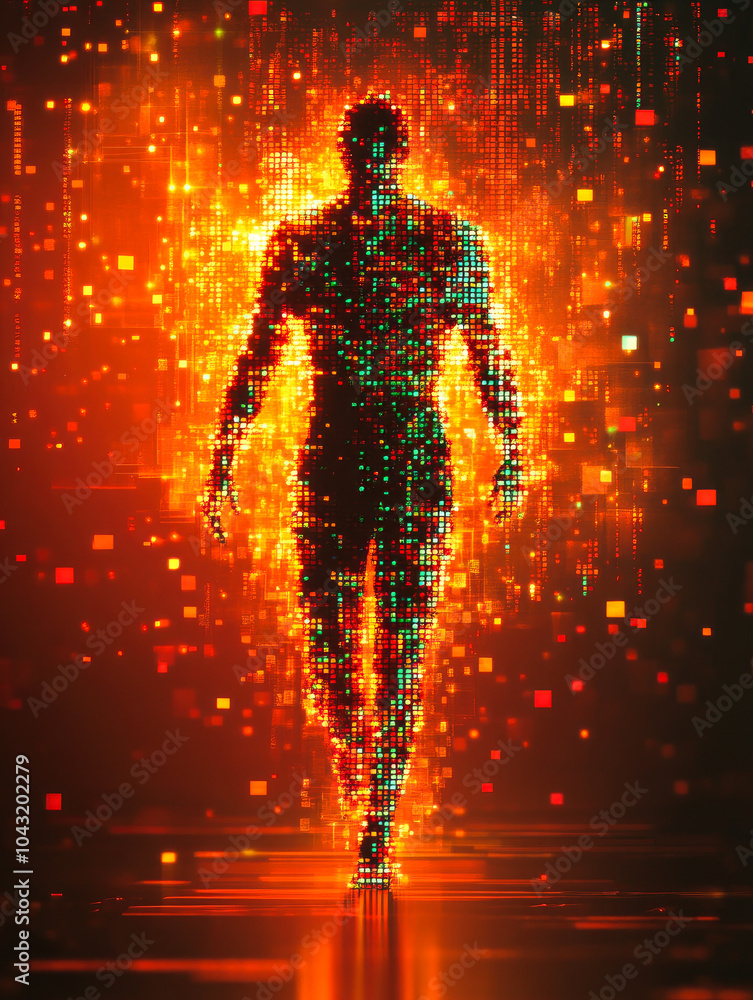 Poster a figure constructed from luminous pixels stands in fiery digital flames representing the human cond