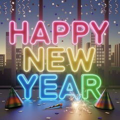 Neon "Happy New Year" Sign with Confetti and Sparklers
