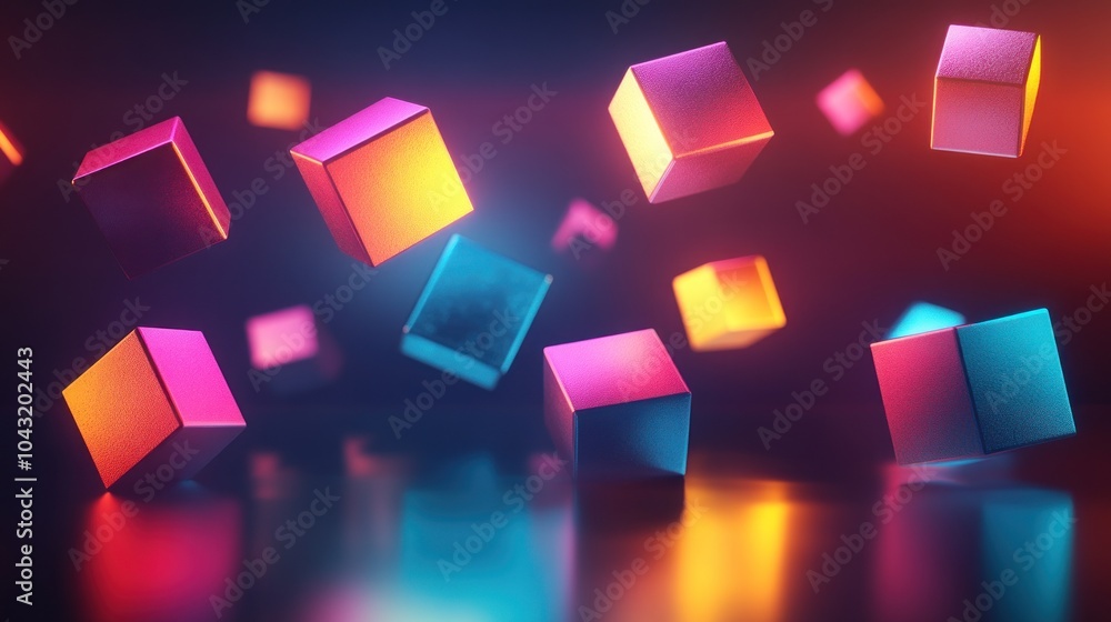Wall mural floating 3d geometric shapes in neon colors against a dark, glossy surface with reflections and shad