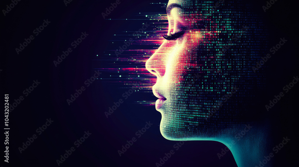 Poster a side profile emerges from a binary pixel effect, merging human features with digital code in a str