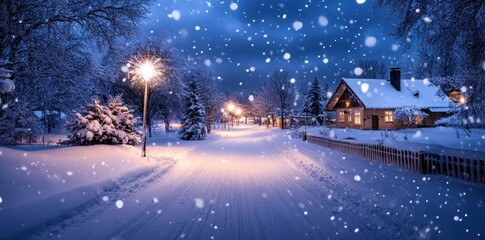 Naklejka premium A gentle snowfall blankets a quiet village at dusk, creating a serene and tranquil winter scene.