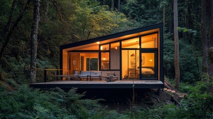 Fototapeta premium A cozy prefab home surrounded by nature, lit from within under the dim light of dusk