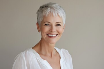 Fototapeta premium A close-up portrait of a joyful senior woman with short hair, wearing a white blouse, smiling warmly.