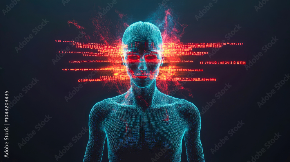 Poster a stylized human figure with a binary code overlay symbolizes the integration of technology and huma