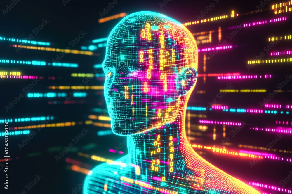 Poster a digital profile head adorned with colorful numerical codes represents the complex integration of t
