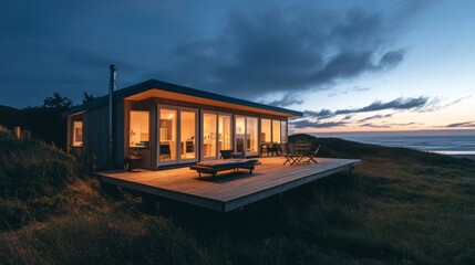 Obraz premium A prefabricated home with a wooden deck, glowing warmly under a dusky horizon