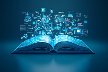 A 3D illustration of a large open book creatively transformed into a representation of medical technology and healthcare innovation