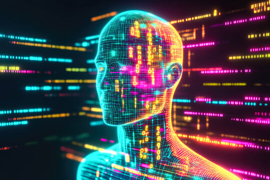 A digital profile head adorned with colorful numerical codes represents the complex integration of technology and humanity.