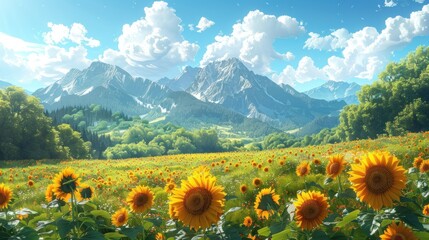 Obraz premium A vibrant field of sunflowers in full bloom under a bright blue sky with majestic mountains in the background. Generative AI