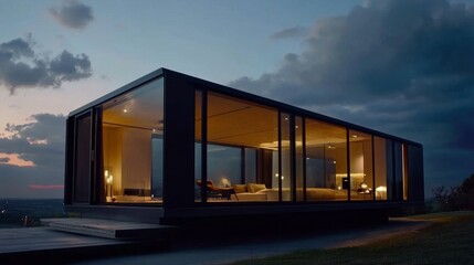 Fototapeta premium A sleek, modern prefabricated home illuminated from within, set against a dusky sky.