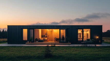 A sleek, modern prefabricated home illuminated from within, set against a dusky sky.