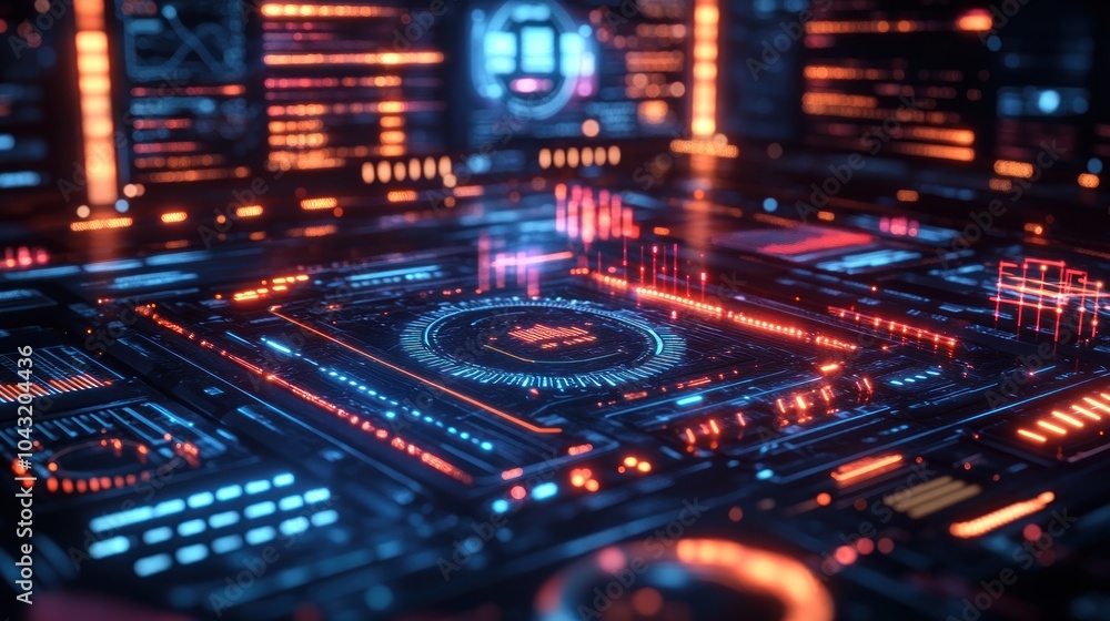 Poster holographic interface elements floating over a transparent, darkened background, creating a futurist