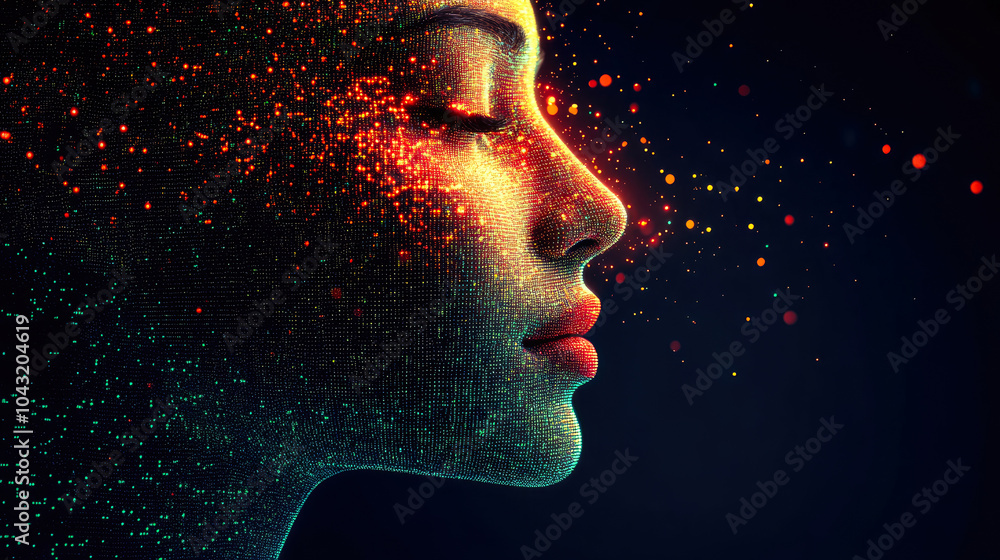 Poster a serene side profile adorned with glowing particles, evoking a sense of wonder and connection to th