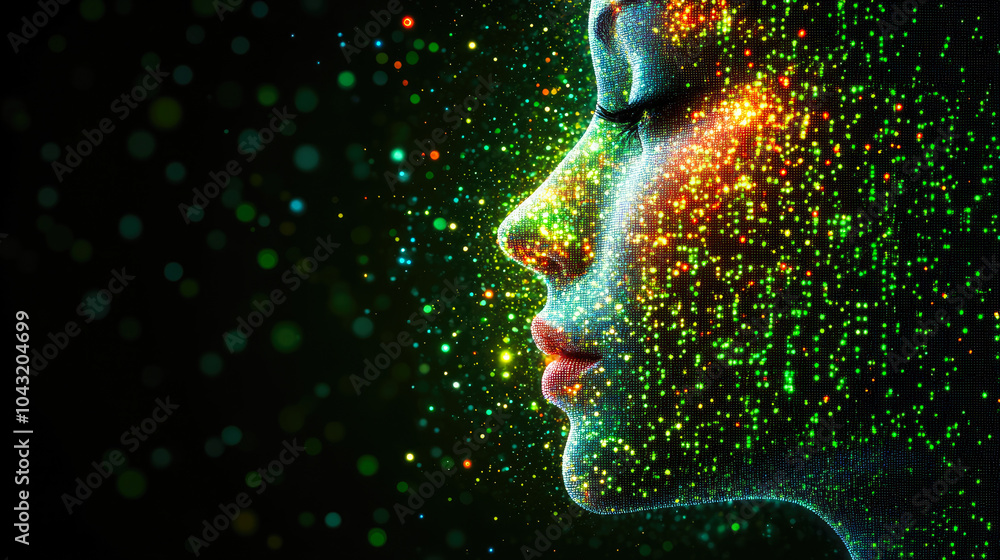 Poster a vibrant digital artwork presenting a side view with multicolored particles, portraying dynamic hum