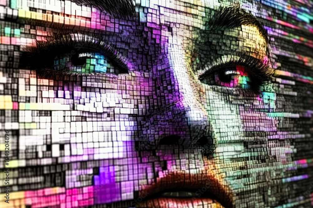 Wall mural intricate mosaic-like tiles compose a mesmerizing digital face, blending realism and abstraction wit