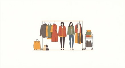 Illustration of a clothing display featuring stylish outfits on hangers and a shopping cart.