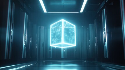 A luminous holographic cube floats in a futuristic corridor filled with high-tech equipment and glowing blue lines