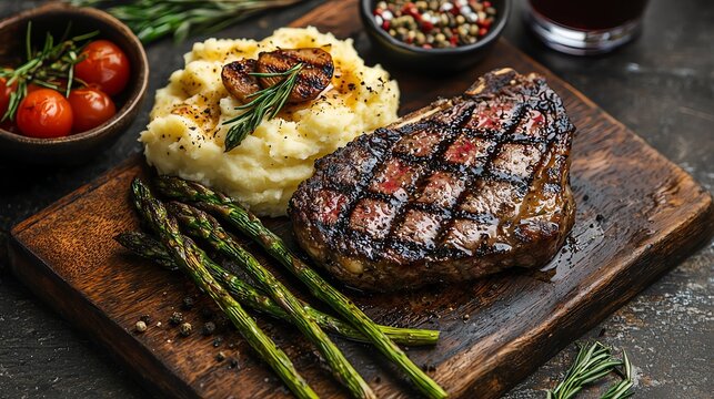 Grilled beef ribeye steak with charred asparagus and mashed potatoes, grilled beef steak, steakhouse experience